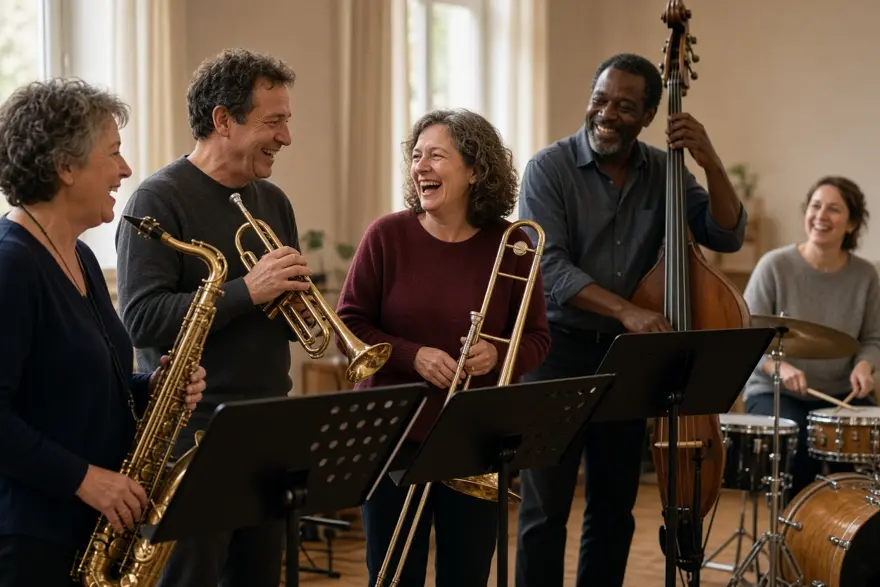 A community band laughing together at rehearsal