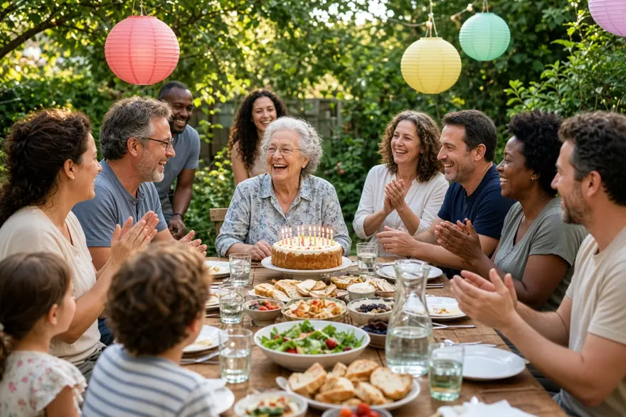 A family birthday party round a garden table