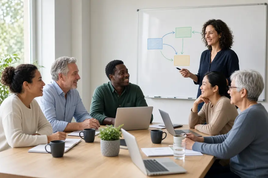 A small work meeting at a whiteboard