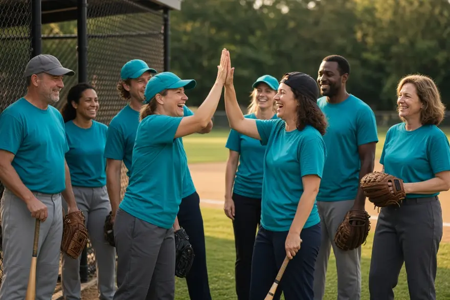 A softball team trading high-fives after a game